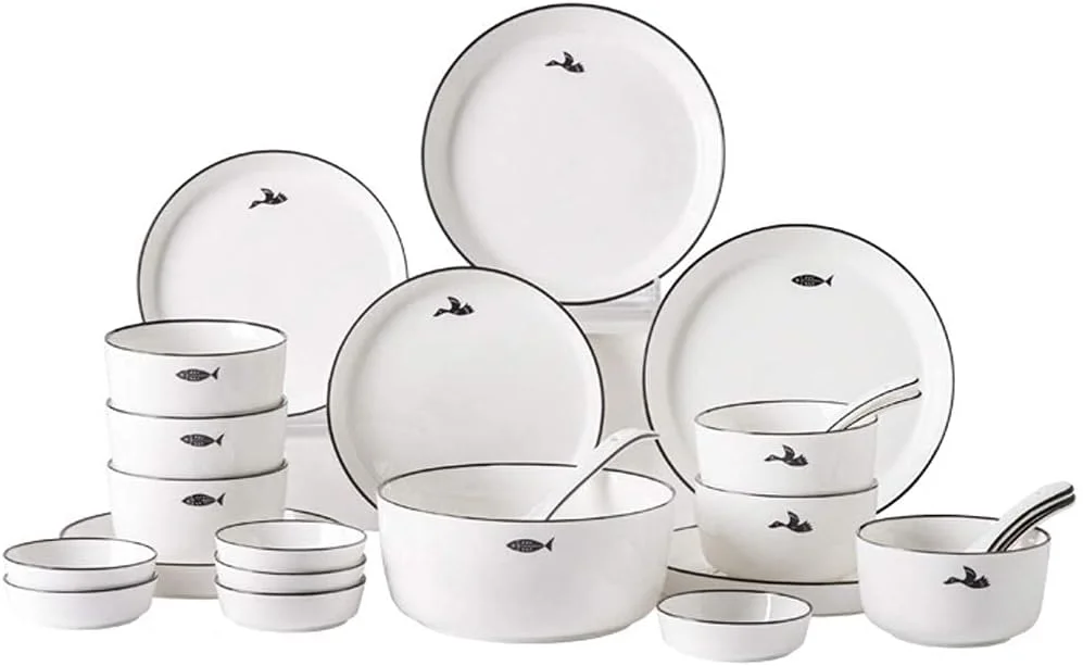 سرویس ظروف غذاخوری سرامیکی 26 تکه، کاسه/بشقاب/قاشق | طرح پرنده و ماهی، ست های غذاخوری به سبک مینیمالیستی نوردیک، ست ترکیبی چینی