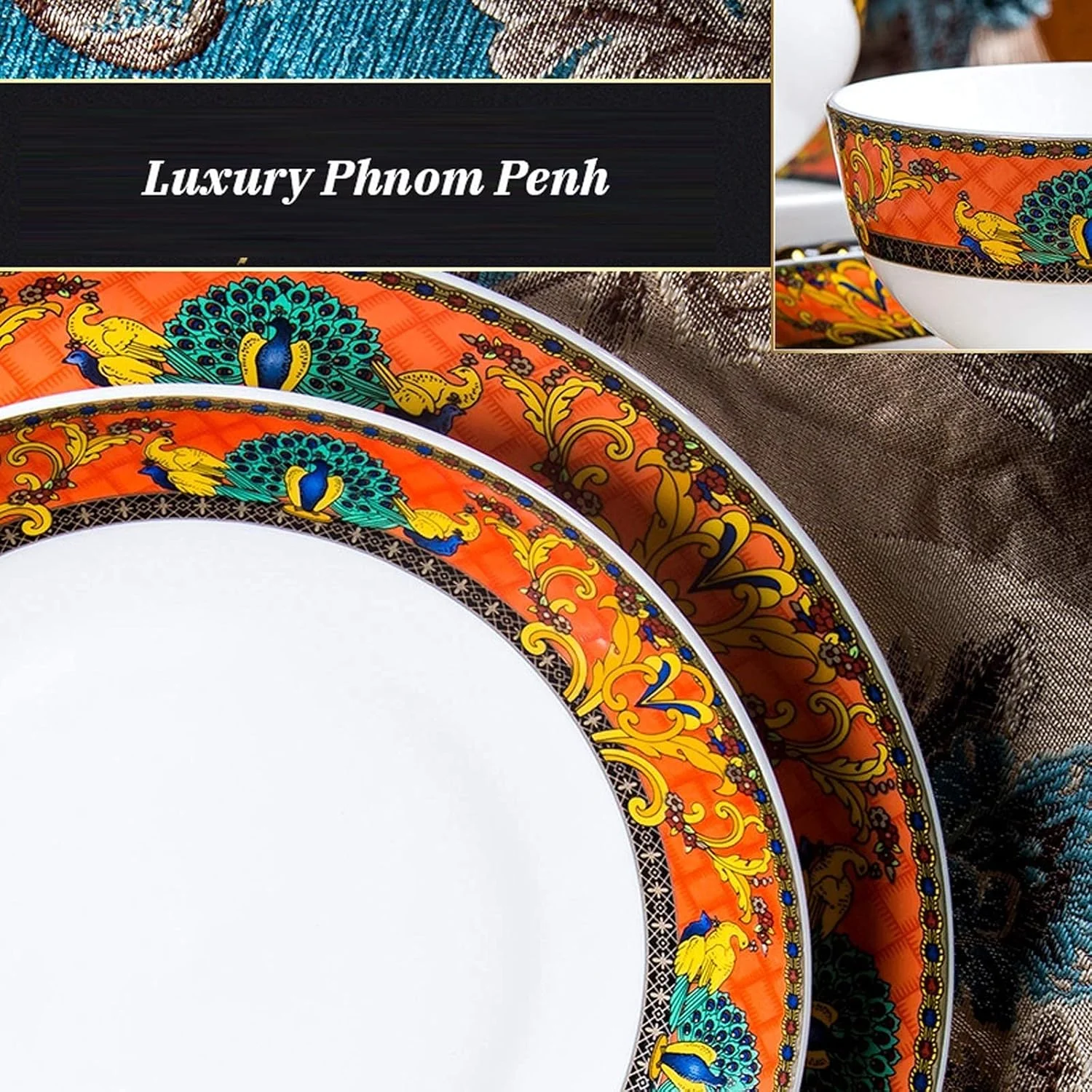 سرویس غذاخوری شیک، ست ظروف سرامیکی، ست ظروف چینی استخوانی 48 تکه با طرح طاووس، ست ظروف غذاخوری چینی درجه یک با قابلمه سوپ و کاسه غلات