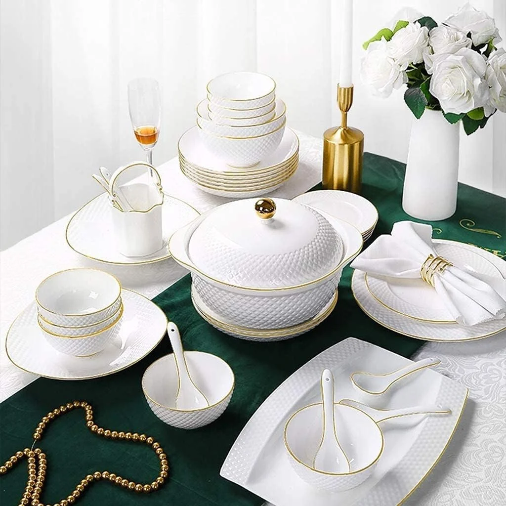 سرویس ظروف غذاخوری سرامیکی، کاسه/بشقاب/قابلمه سوپ/قاشق | سرویس غذاخوری چینی استخوانی، ست ترکیبی ظروف چینی با طرح برجسته حاشیه طلایی سفید، 49 تکه