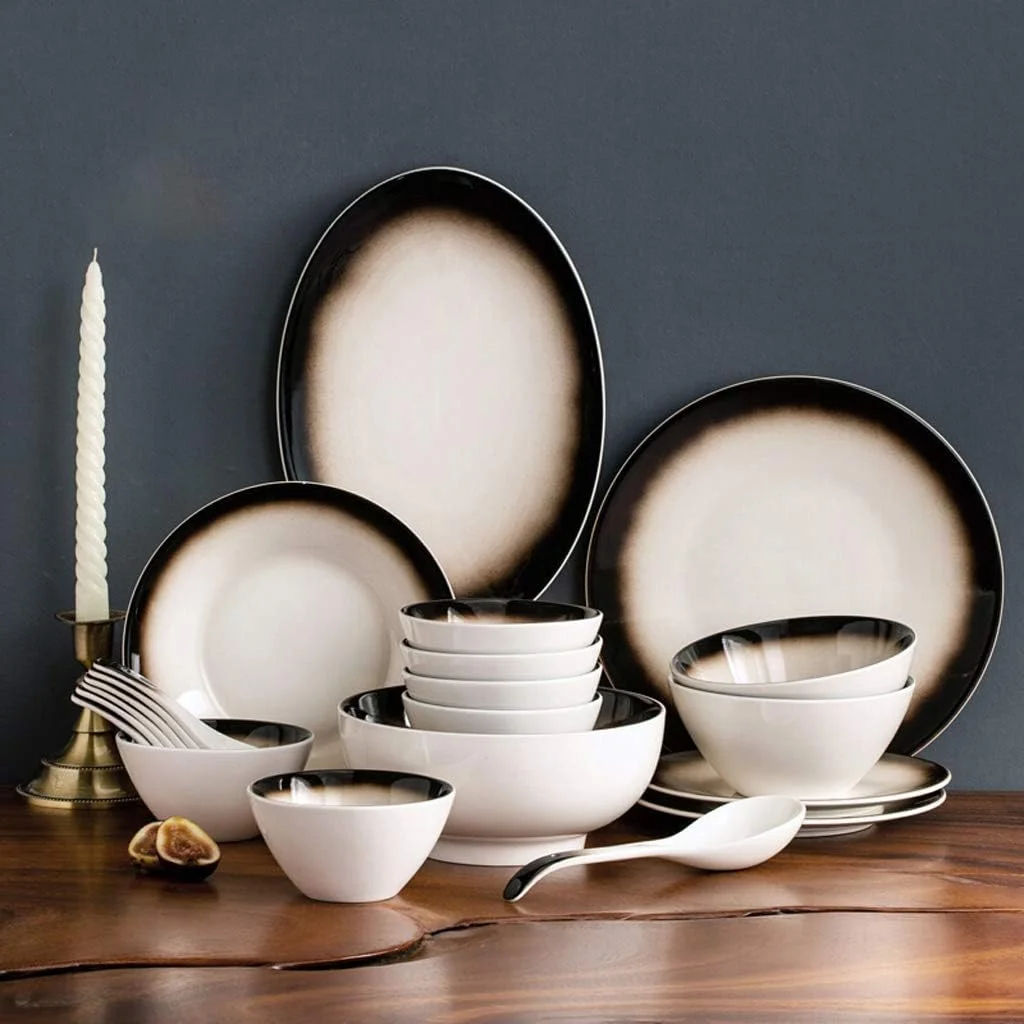 سرویس غذاخوری سرامیکی، ست ترکیبی ظروف غذاخوری گرادیان قهوه ای 26 تکه | ست بشقاب های چینی و کاسه های غلات برای رستوران