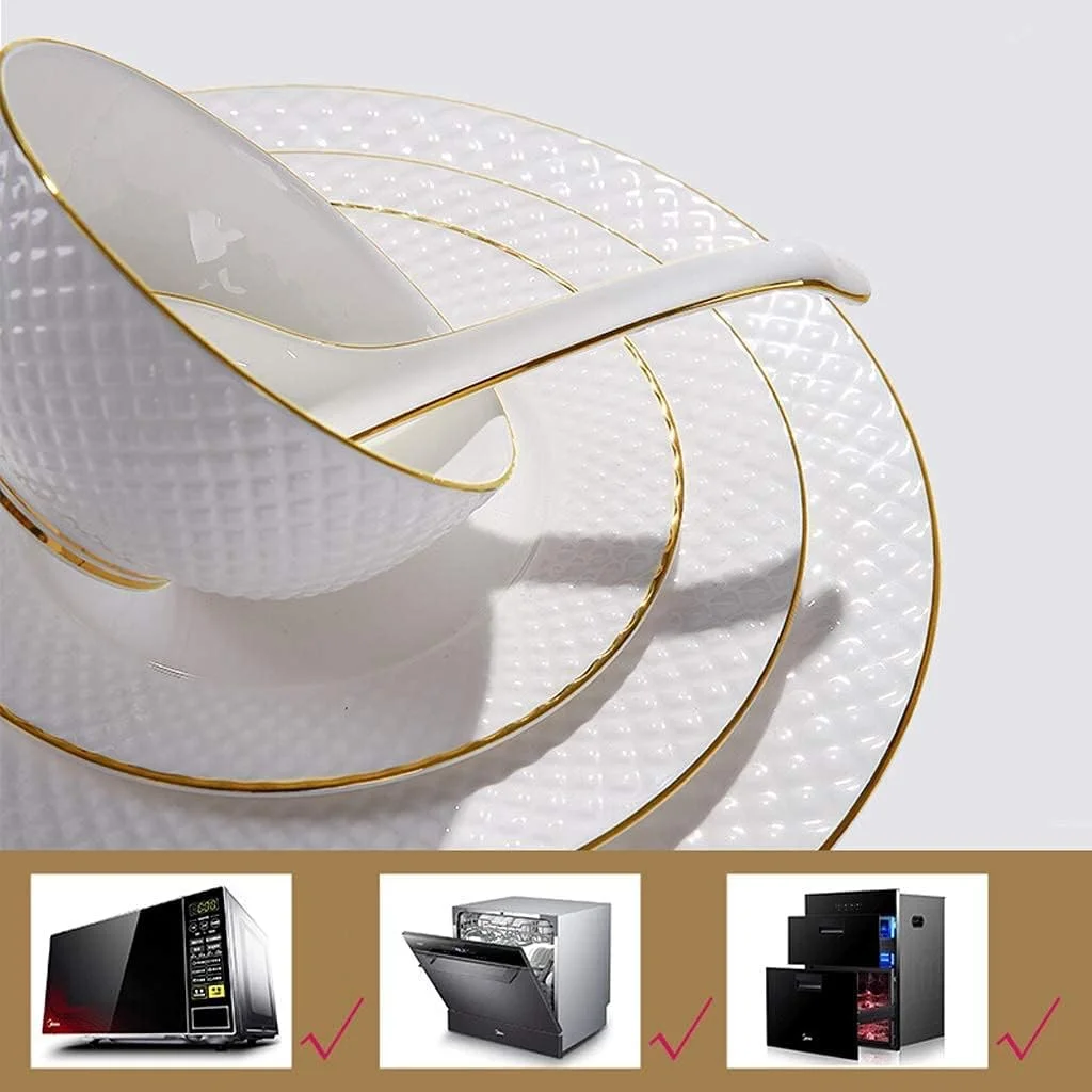 سرویس ظروف غذاخوری سرامیکی، کاسه/بشقاب/قابلمه سوپ/قاشق | سرویس غذاخوری چینی استخوانی، ست ترکیبی ظروف چینی با طرح برجسته حاشیه طلایی سفید، 49 تکه