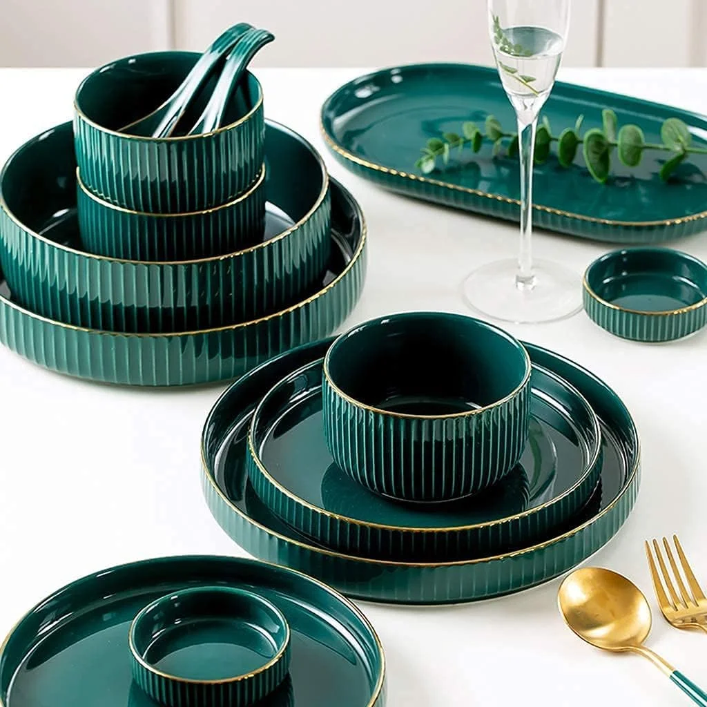 سرویس غذاخوری سرامیکی 60 پارچه، ست ظروف لوکس و سبک به رنگ سبز زمردی، شامل بشقاب های چینی و کاسه های غلات برای پذیرایی خلاقانه