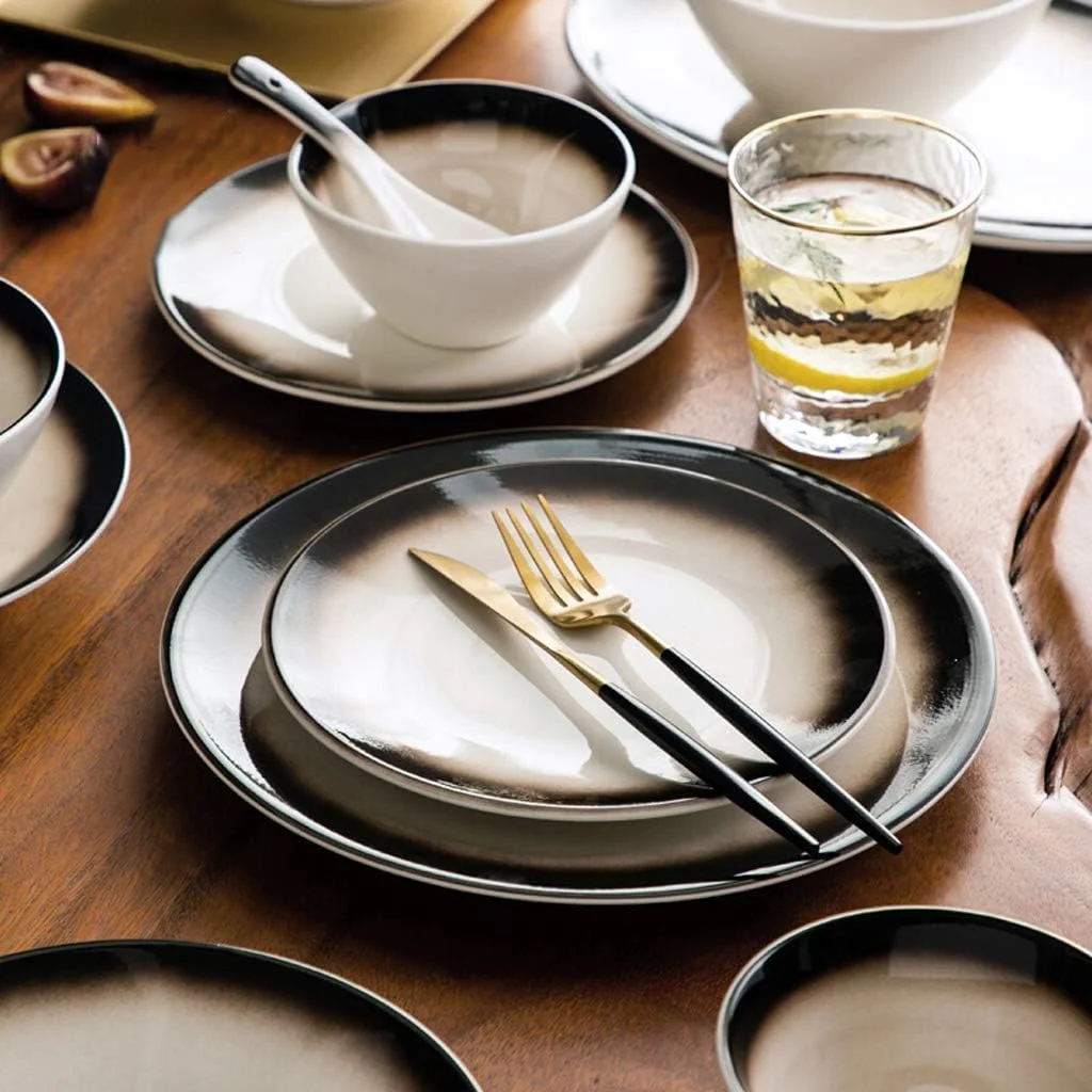 سرویس غذاخوری سرامیکی، ست ترکیبی ظروف غذاخوری گرادیان قهوه ای 26 تکه | ست بشقاب های چینی و کاسه های غلات برای رستوران