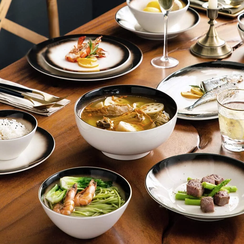 سرویس غذاخوری سرامیکی، ست ترکیبی ظروف غذاخوری گرادیان قهوه ای 26 تکه | ست بشقاب های چینی و کاسه های غلات برای رستوران