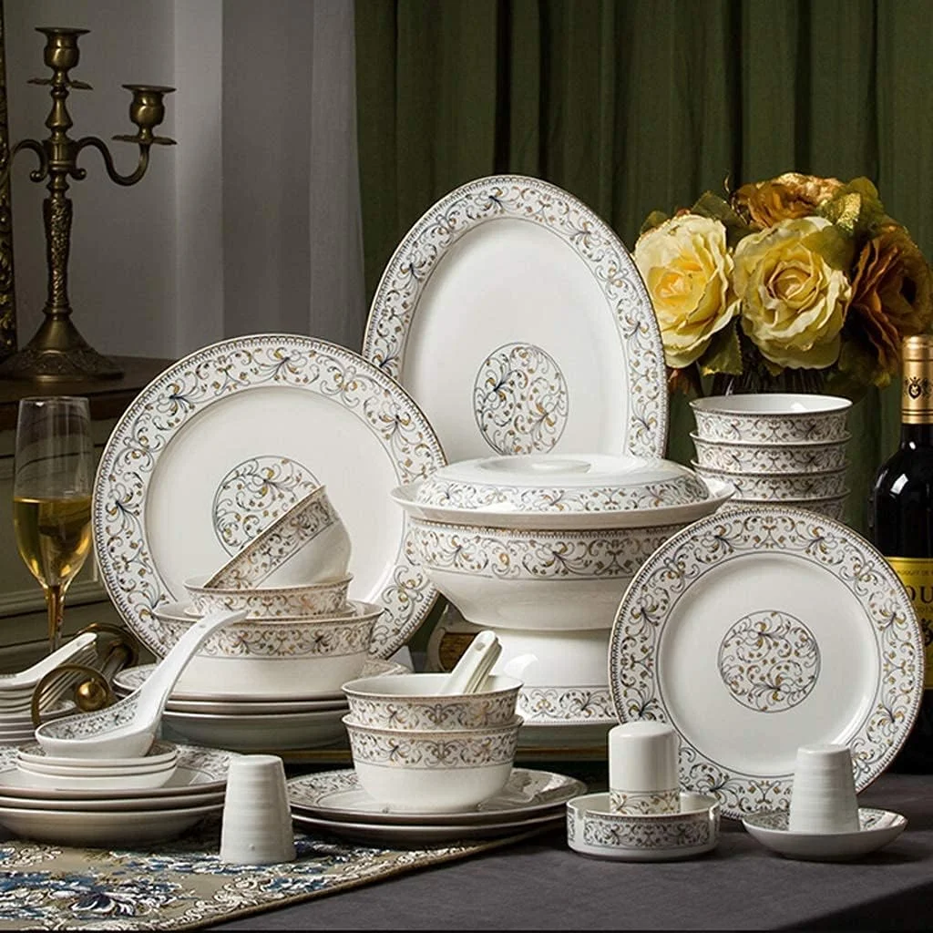 سرویس ظروف غذاخوری سرامیکی 50 تکه، کاسه/قابلمه/بشقاب/قاشق | ست های غذاخوری چینی استخوانی، ست ترکیبی چینی با لبه طلایی