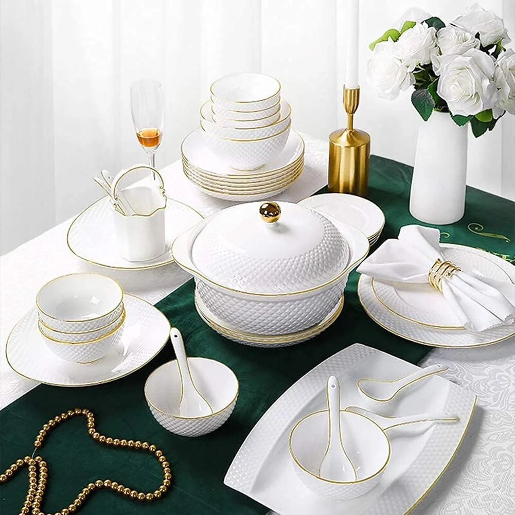 سرویس ظروف غذاخوری سرامیکی، کاسه/بشقاب/قابلمه سوپ/قاشق | سرویس غذاخوری چینی استخوانی، ست ترکیبی ظروف چینی با طرح برجسته سفید و لبه طلایی، مناسب برای 6 نفر