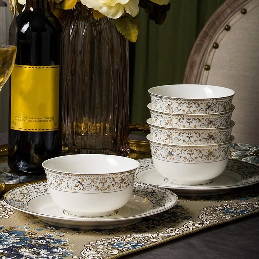 سرویس ظروف غذاخوری سرامیکی 50 تکه، کاسه/قابلمه/بشقاب/قاشق | ست های غذاخوری چینی استخوانی، ست ترکیبی چینی با لبه طلایی