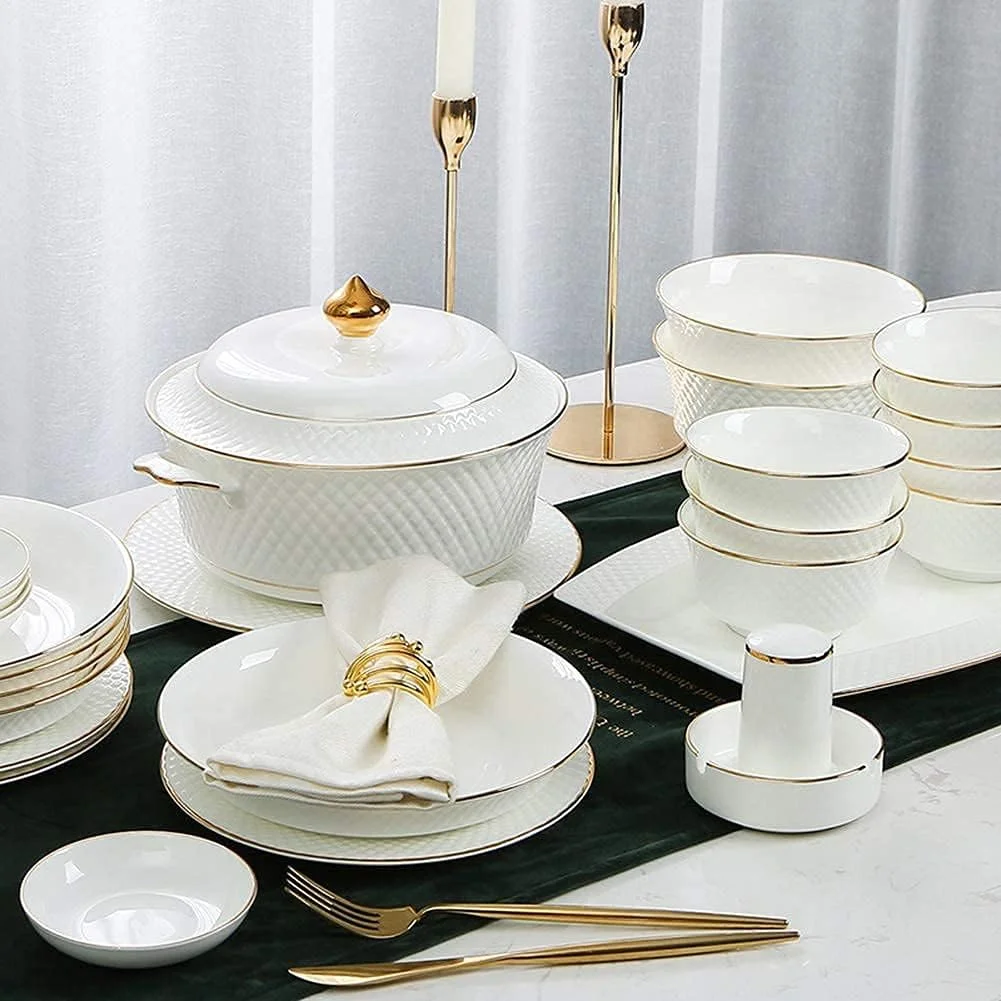 سرویس ظروف غذاخوری سرامیکی، کاسه/بشقاب/قابلمه سوپ/قاشق | سرویس غذاخوری چینی استخوانی، ست ترکیبی ظروف چینی با طرح برجسته سفید و لبه طلایی، مناسب برای 6 نفر