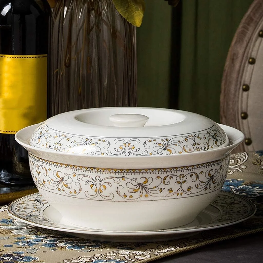 سرویس ظروف غذاخوری سرامیکی 50 تکه، کاسه/قابلمه/بشقاب/قاشق | ست های غذاخوری چینی استخوانی، ست ترکیبی چینی با لبه طلایی