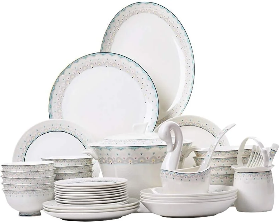 سرویس ظروف غذاخوری سرامیکی 50 تکه، کاسه/بشقاب/قابلمه سوپ/قاشق | ست های غذاخوری چینی استخوانی، ست ترکیبی ظروف چینی با طرح آبی طاووسی