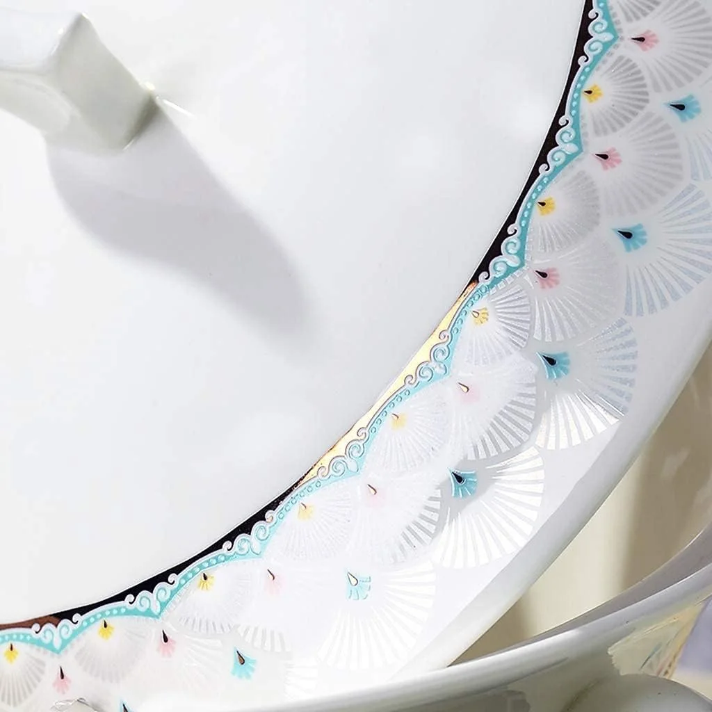 سرویس ظروف غذاخوری سرامیکی 50 تکه، کاسه/بشقاب/قابلمه سوپ/قاشق | ست های غذاخوری چینی استخوانی، ست ترکیبی ظروف چینی با طرح آبی طاووسی