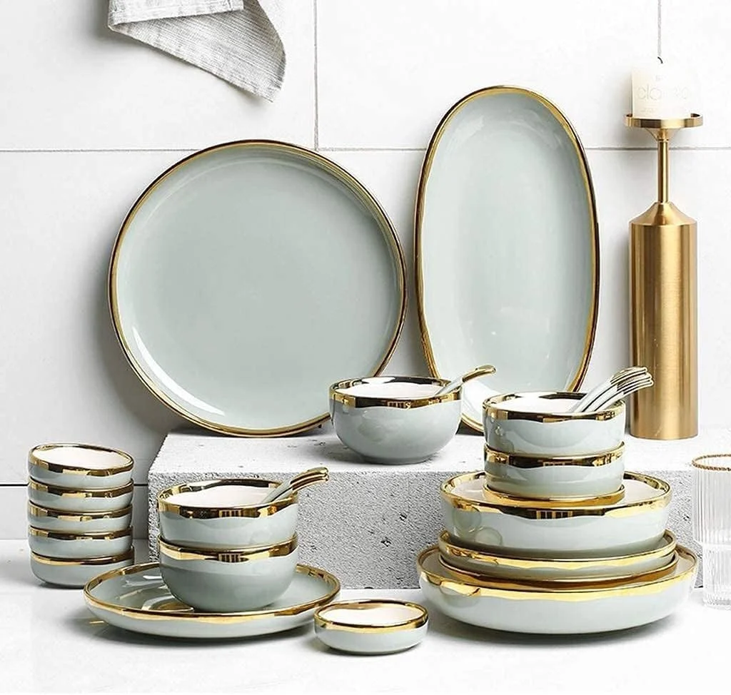 سرویس ظروف سرامیکی، بشقاب/کاسه/قاشق | ست ظروف غذاخوری ۲۶ پارچه پنوم پن - ست ترکیبی چینی برای هدایای عروسی رستوران، سبز روشن