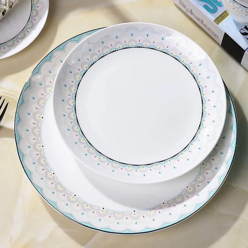 سرویس ظروف غذاخوری سرامیکی 50 تکه، کاسه/بشقاب/قابلمه سوپ/قاشق | ست های غذاخوری چینی استخوانی، ست ترکیبی ظروف چینی با طرح آبی طاووسی