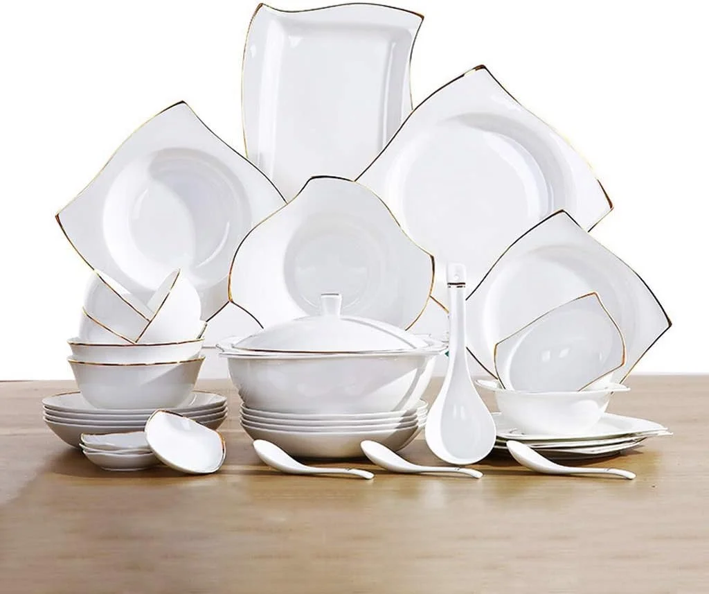 ست ظروف غذاخوری سرامیکی 48 تکه، کاسه/بشقاب/قابلمه سوپ/قاشق | ست های غذاخوری، ست ترکیبی چینی با طرح خط طلایی