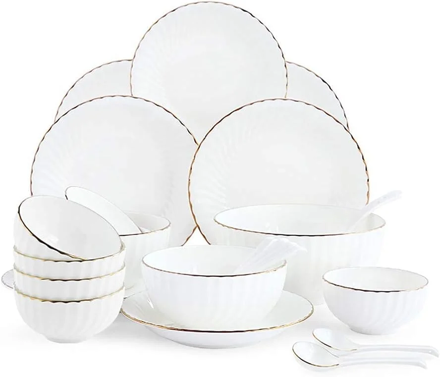 ست ظروف غذاخوری سرامیکی 20 تکه، کاسه/بشقاب/قاشق | ست های غذاخوری چینی استخوانی، ست ترکیبی چینی سفید، بشقاب های سفید