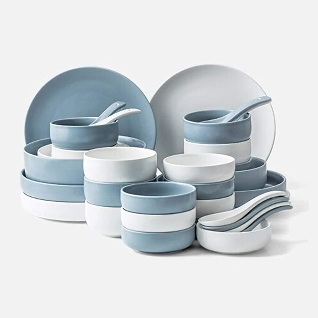 سرویس ظروف غذاخوری سرامیکی 33 تکه، کاسه/بشقاب/قاشق | ست های غذاخوری آبی و سفید، ست ترکیبی چینی به سبک نوردیک، آبی