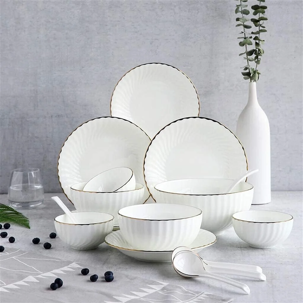 ست ظروف غذاخوری سرامیکی 20 تکه، کاسه/بشقاب/قاشق | ست های غذاخوری چینی استخوانی، ست ترکیبی چینی سفید، بشقاب های سفید