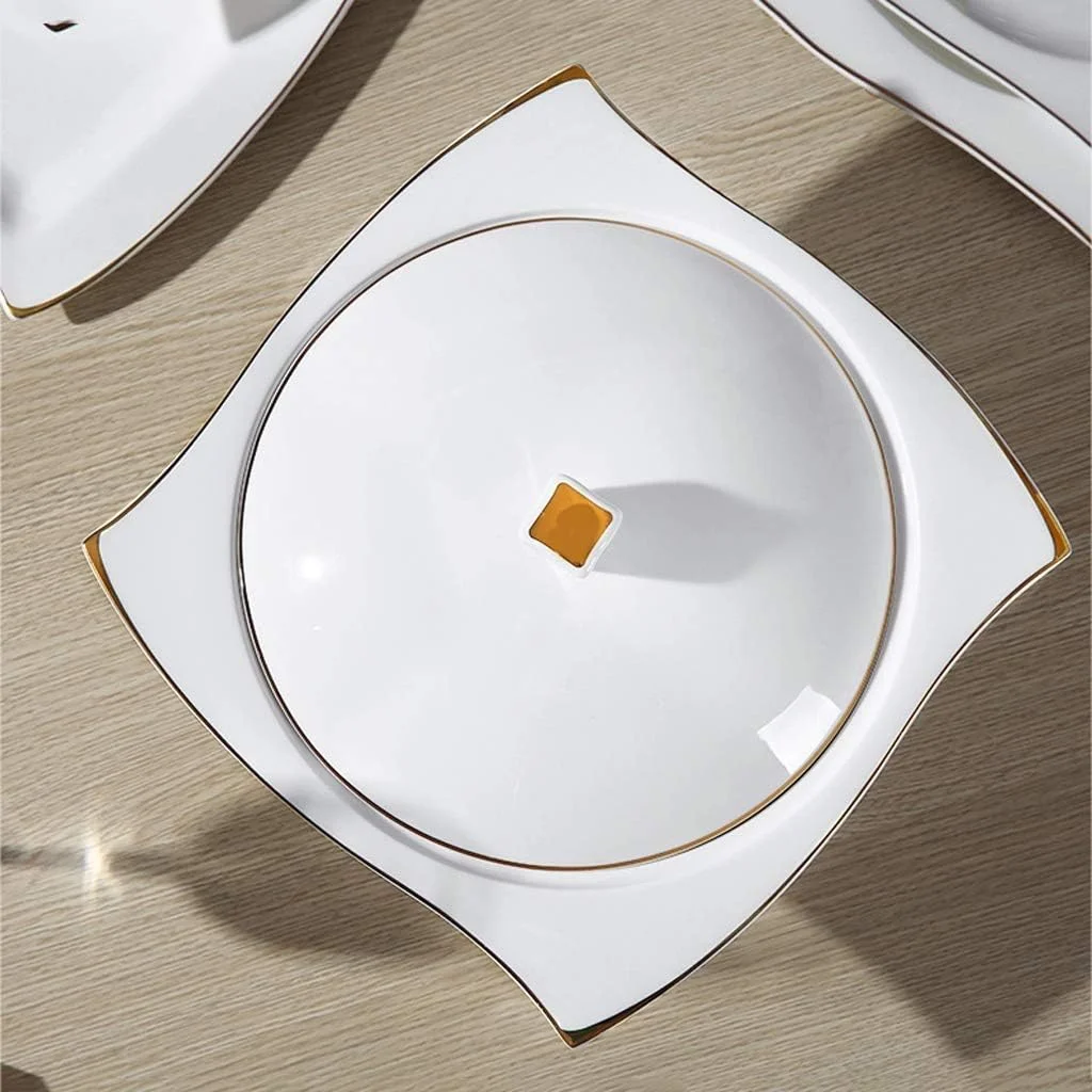 ست ظروف غذاخوری سرامیکی 48 تکه، کاسه/بشقاب/قابلمه سوپ/قاشق | ست های غذاخوری، ست ترکیبی چینی با طرح خط طلایی