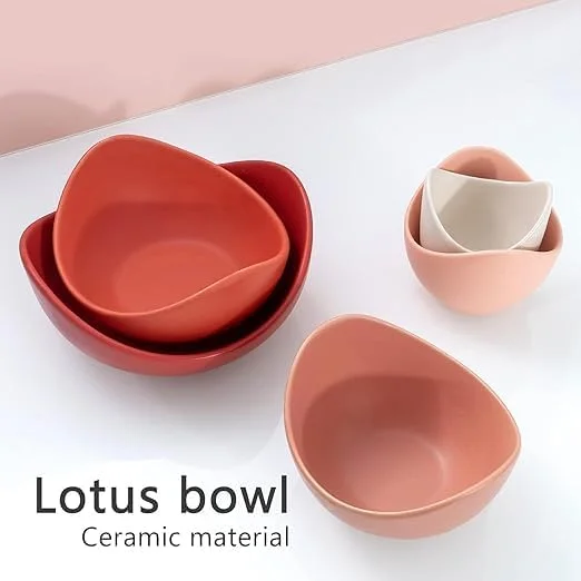 ست 5 تایی کاسه های سرو سرامیکی، مناسب میوه، غلات، سالاد، سوپ، کاسه الهام گرفته از گل نیلوفر، کاسه آشپزخانه قابل استفاده در مایکروویو، کاسه دسر و آب نبات، ظروف غذاخوری (نارنجی)