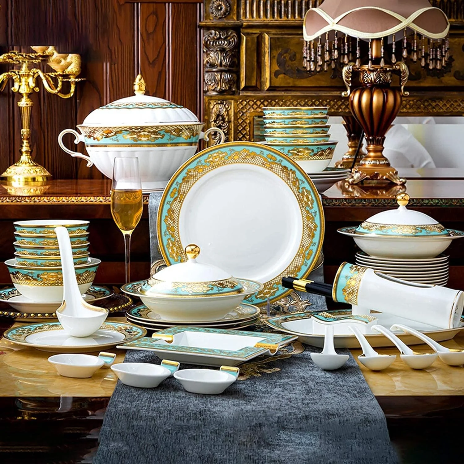 سرویس غذاخوری سرامیکی، ست ظروف چینی درجه یک پنوم پن، 59 تکه | قابلمه سوپ/بشقاب/کاسه - ست ترکیبی چینی استخوانی برای هدایای عروسی