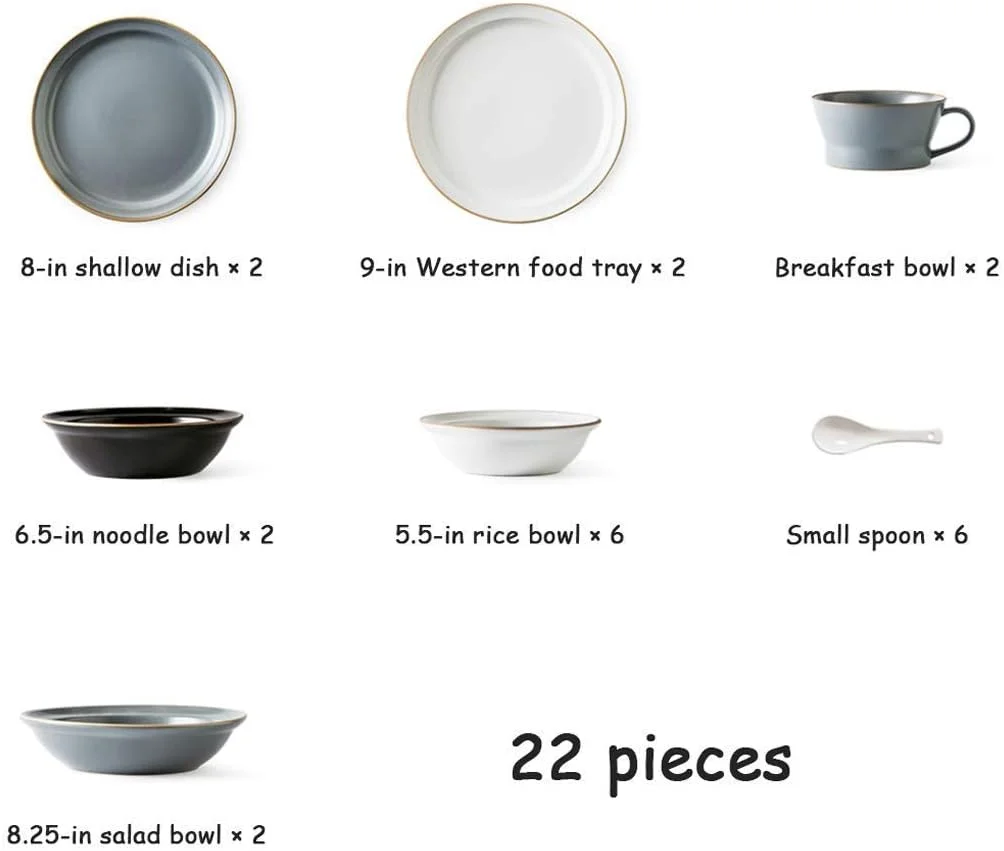 سرویس غذاخوری سرامیکی، بشقاب/کاسه/دیس | سرویس ظروف 22 تکه با ترکیب رنگی ممتاز - ست ترکیبی بشقاب های غذاخوری چینی با لعاب مات برای مهمانی خانوادگی رستوران