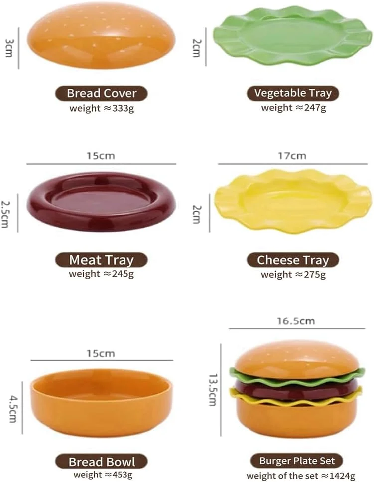 ست بشقاب سرامیکی طرح همبرگر، ست 5 تکه بشقاب و کاسه خلاقانه به شکل همبرگر، ظروف غذاخوری، بشقاب های تقسیم شده برای ظروف دسر کودکان