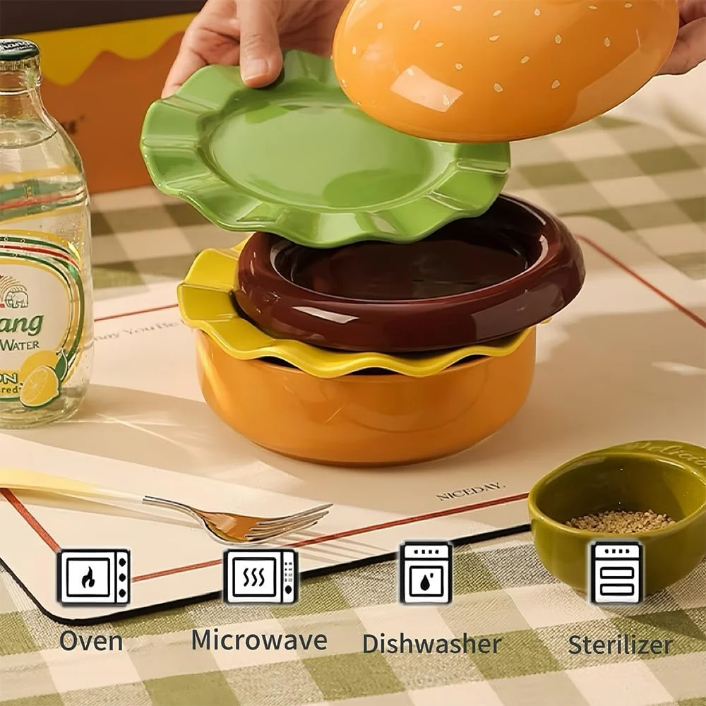 ست بشقاب سرامیکی طرح همبرگر، ست 5 تکه بشقاب و کاسه خلاقانه به شکل همبرگر، ظروف غذاخوری، بشقاب های تقسیم شده برای ظروف دسر کودکان