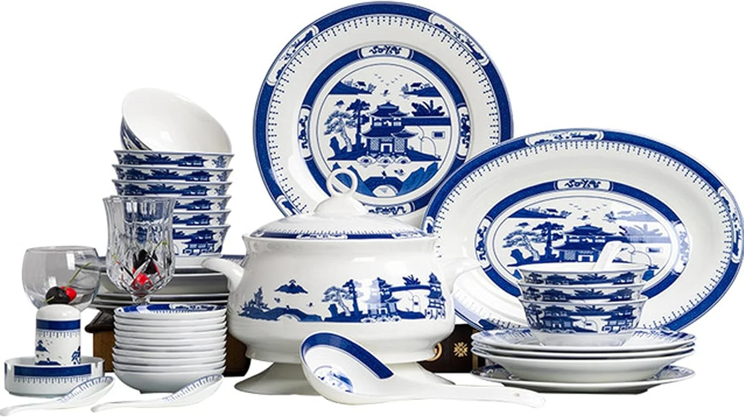 ست ظروف غذاخوری سرامیکی طرح رترو، ست ترکیبی زیبای چینی آبی و سفید