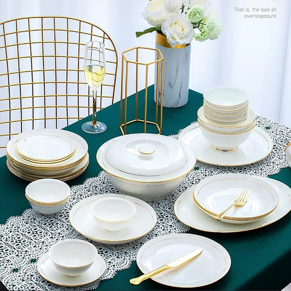 سرویس غذاخوری 36 پارچه سرامیکی، ظروف چینی استخوانی، بشقاب و ظروف، سرویس غذاخوری ترکیبی سرامیکی، سرویس چینی برای 6 نفر، سفید با حاشیه طلایی، سرویس غذاخوری لوکس چینی استخوانی