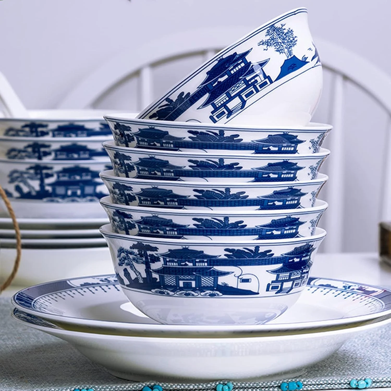 ست ظروف غذاخوری سرامیکی طرح رترو، ست ترکیبی زیبای چینی آبی و سفید