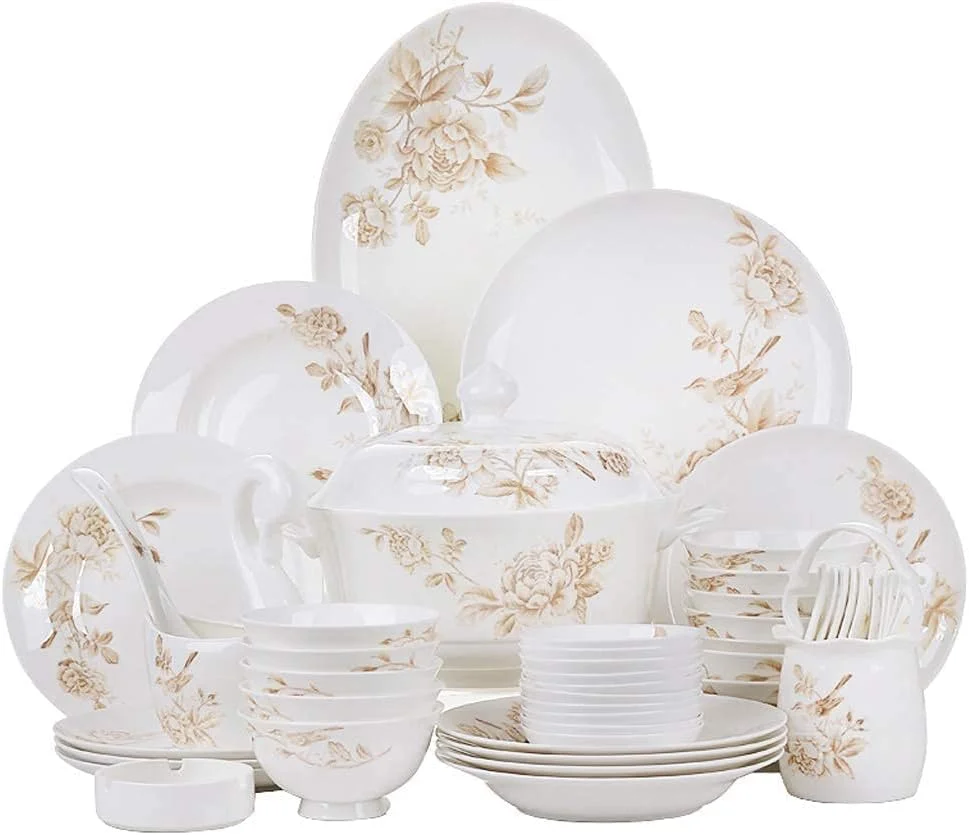 سرویس ظروف غذاخوری سرامیکی 50 تکه، بشقاب/قابلمه سوپ/قاشق | سرویس ظروف چینی استخوانی، ست ترکیبی کامل باغ بهاری چینی