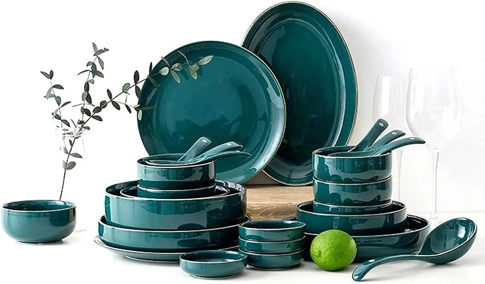 سرویس غذاخوری سرامیکی، کاسه/بشقاب/قاشق | ست ظروف غذاخوری با طرح حاشیه طلایی سبز، ترکیبی از ظروف چینی به سبک مینیمالیستی نوردیک