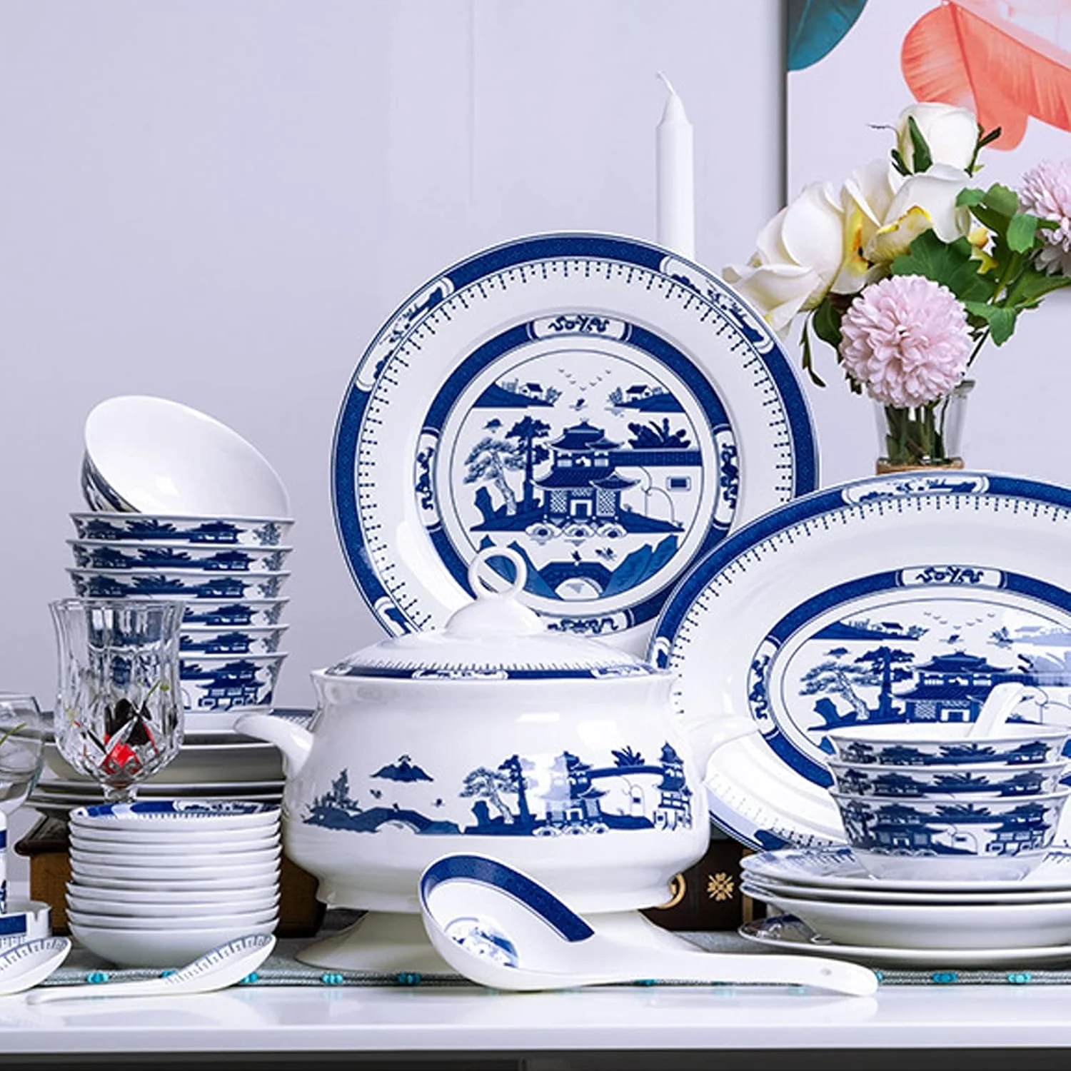 ست ظروف غذاخوری سرامیکی طرح رترو، ست ترکیبی زیبای چینی آبی و سفید