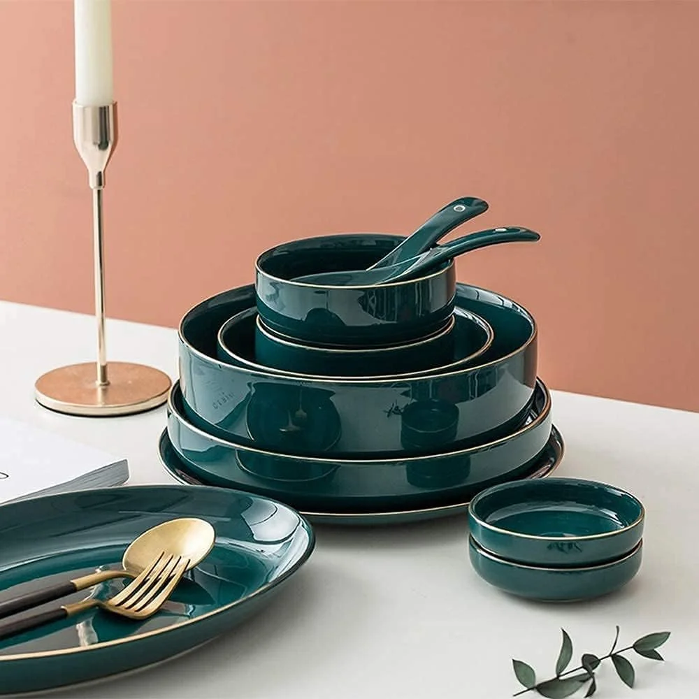 سرویس غذاخوری سرامیکی، کاسه/بشقاب/قاشق | ست ظروف غذاخوری با طرح حاشیه طلایی سبز، ترکیبی از ظروف چینی به سبک مینیمالیستی نوردیک