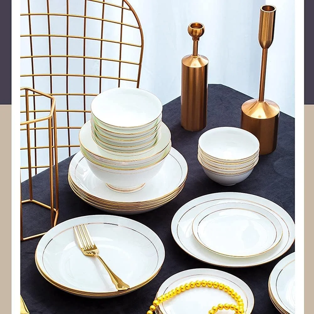سرویس غذاخوری 36 پارچه سرامیکی، ظروف چینی استخوانی، بشقاب و ظروف، سرویس غذاخوری ترکیبی سرامیکی، سرویس چینی برای 6 نفر، سفید با حاشیه طلایی، سرویس غذاخوری لوکس چینی استخوانی