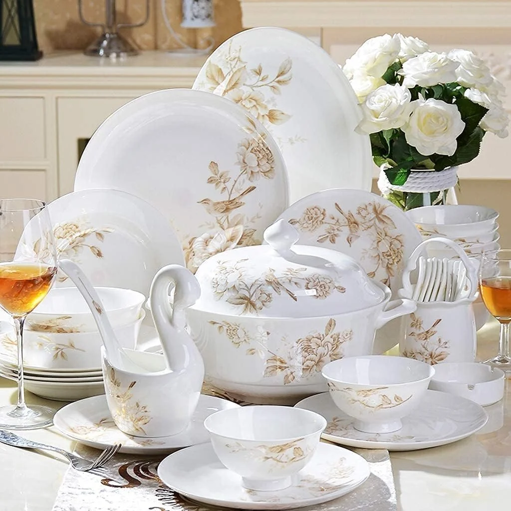 سرویس ظروف غذاخوری سرامیکی 50 تکه، بشقاب/قابلمه سوپ/قاشق | سرویس ظروف چینی استخوانی، ست ترکیبی کامل باغ بهاری چینی