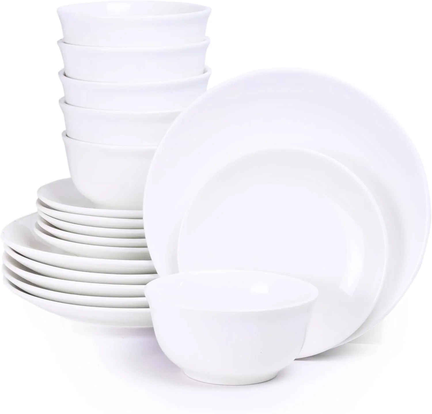 ظروف سرامیکی برای 6 نفر | شامل بشقاب های غذاخوری 26.8 سانتی متری، بشقاب های پیش دستی 20.3 سانتی متری و کاسه های 15 سانتی متری، سفید