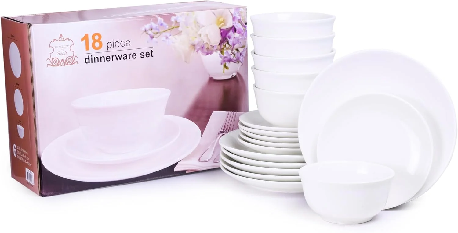 ظروف سرامیکی برای 6 نفر | شامل بشقاب های غذاخوری 26.8 سانتی متری، بشقاب های پیش دستی 20.3 سانتی متری و کاسه های 15 سانتی متری، سفید