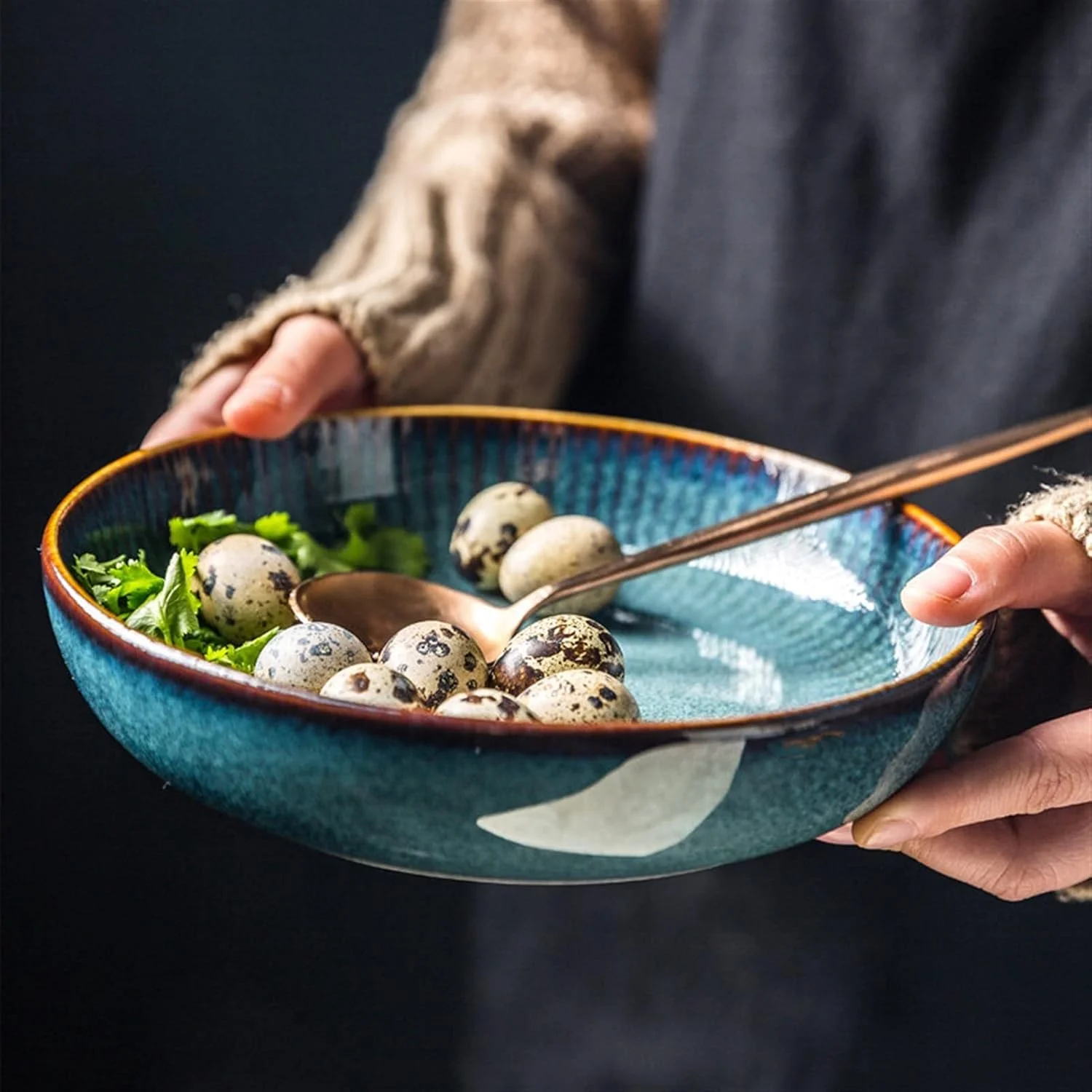 ست بشقاب های سرامیکی به سبک نوردیک آبی، شامل بشقاب برنج، کاسه سالاد، ظرف سوپ، ظروف دسر، ظروف آشپزخانه