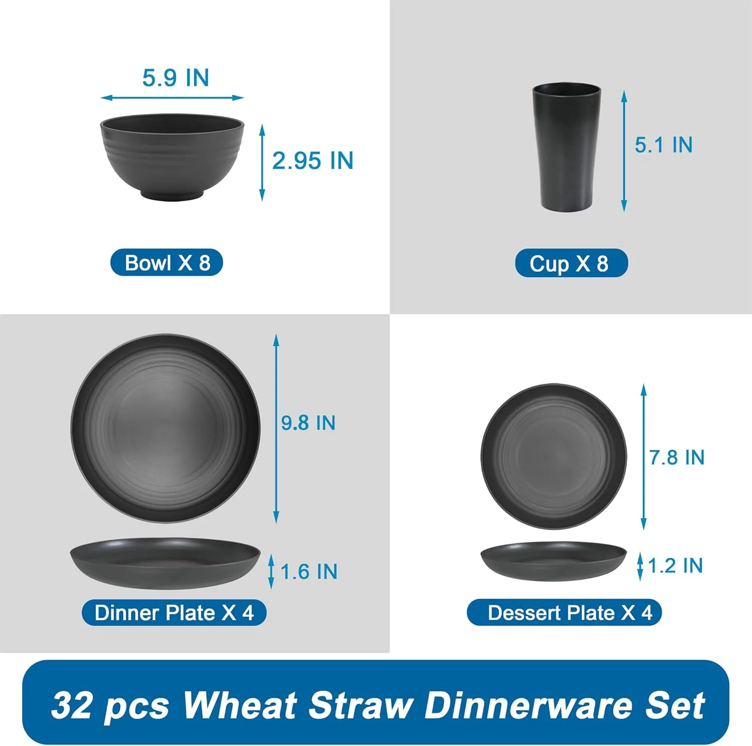 (32pcs) Black Wheat Straw Dinnerware Sets For 8,Unbreakable Dinnerware Set,Dishwasher Safe,Plastic Reusable Lightweight Rv Dishes Cups Plates and Bowls Sets for Camping Kitchen Picnic