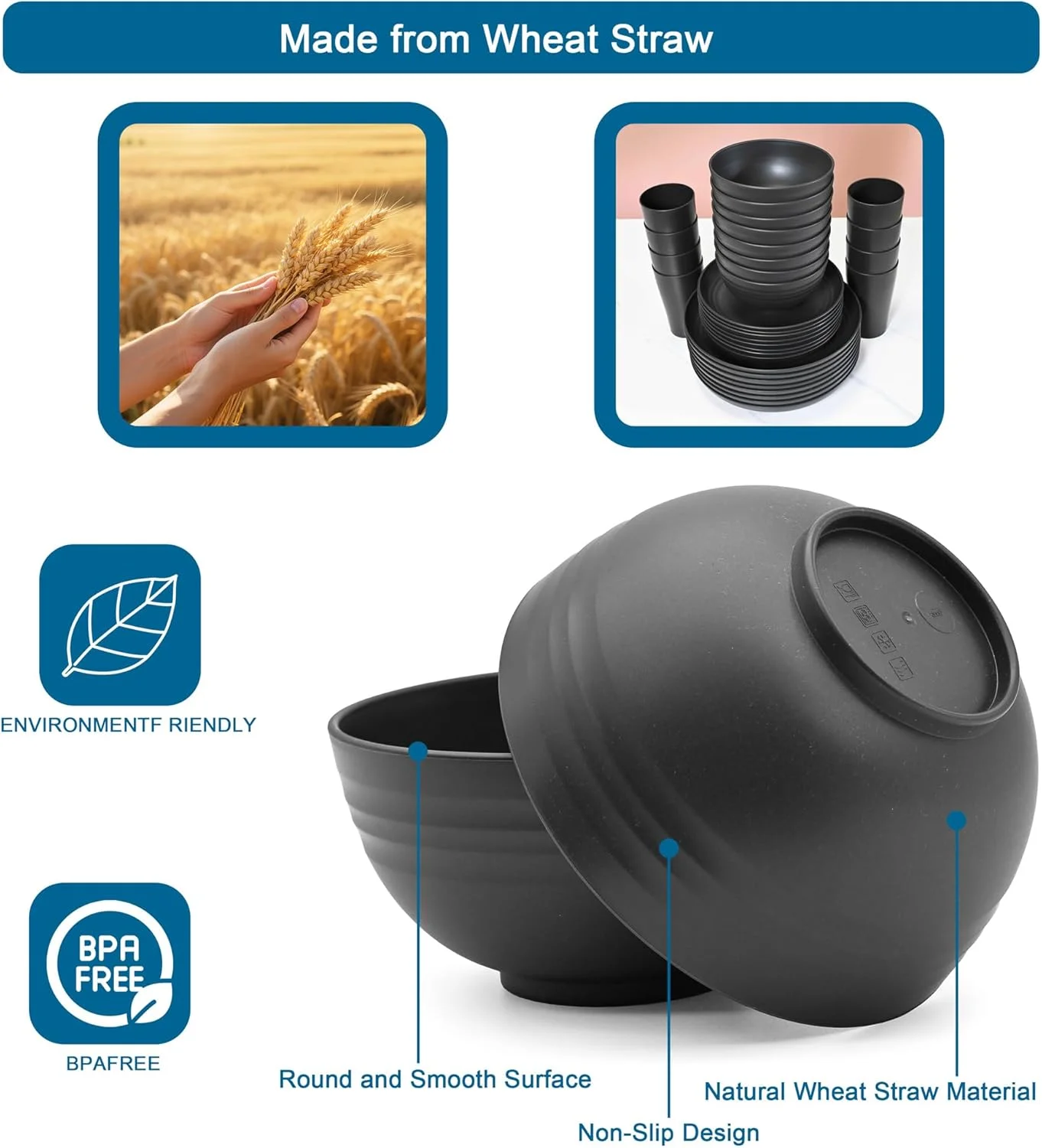 (32pcs) Black Wheat Straw Dinnerware Sets For 8,Unbreakable Dinnerware Set,Dishwasher Safe,Plastic Reusable Lightweight Rv Dishes Cups Plates and Bowls Sets for Camping Kitchen Picnic