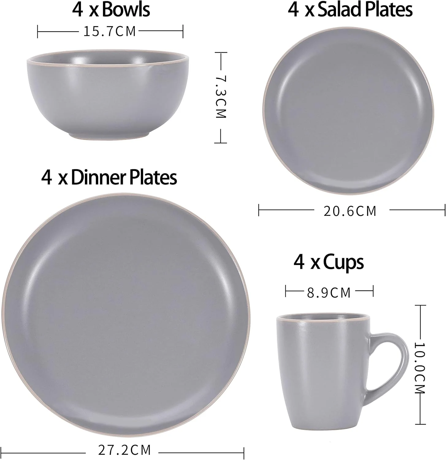 BOBOYM Dinnerware Set,16 Piece White Round A grade Stoneware Dinnerware Set for 4, Kitchen Plates And Bowls Set with Mugs,gray dinnerware set