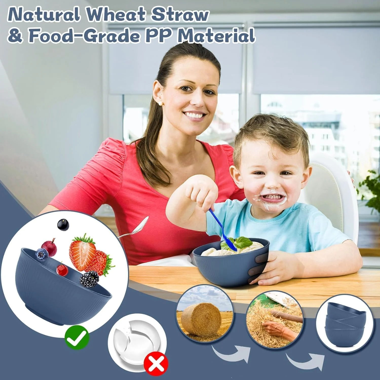 ست ظروف غذاخوری کاه گندم بولیوی، ست پیک نیک پلاستیکی 48 تکه، ست ظروف آشپزخانه رنگارنگ قابل چیدن و ایمن، ست ظروف غذاخوری نشکن برای 4 نفر، قابل استفاده در مایکروویو و ماشین ظرفشویی (آبی)