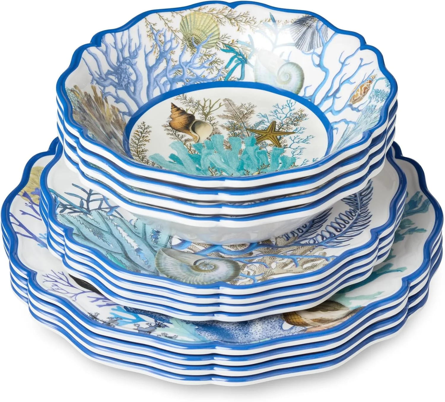 سرویس غذاخوری 12 پارچه ملامین Blue Lagoon - طرح مرجان و صدف ساحلی، مناسب برای 4 نفر - بشقاب غذاخوری 11 اینچی، بشقاب سالاد 9 اینچی و کاسه 28 اونسی - بادوام، سبک وزن، بدون BPA، قابل شستشو در ماشین ظرفشویی سرویس غذاخوری 12 پارچه ملامین Blue Lagoon - طرح مرجان و صدف ساحلی، مناسب برای 4 نفر - بشقاب غذاخوری 11 اینچی، بشقاب سالاد 9 اینچی و کاسه 28 اونسی - بادوام، سبک وزن، بدون BPA، قابل شستشو در ماشین ظرفشویی