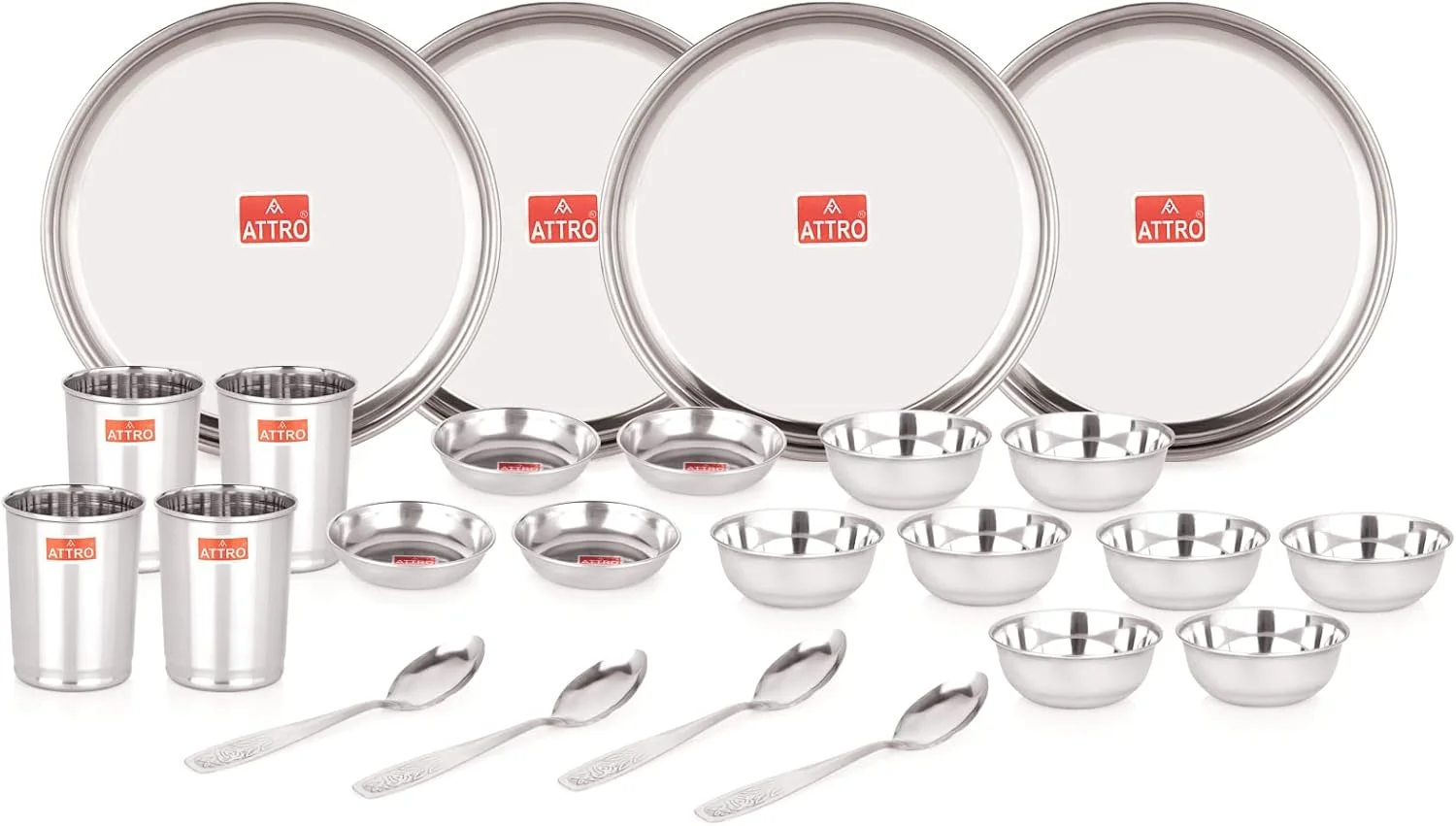 Attro 24 Pieces Smart Stainless Steel Dinnerware/Dinner Set - 4 Thali, 4 D.Plate, 8 Bowl, 4 Glass, 4 Spoon, Kitchen Set for Home & Restaurants, Family - Silver,Floral