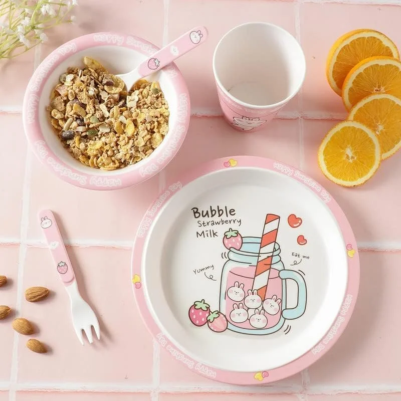 ATK_baby dinnerware-Melamine baby set-Children's Dinnerware Set Includes Plate, Bowl, Glaas, Spoon and Fork, Non-BPA, Made of Durable Material and Perfect for Kids (set of 5) (BUNNY)