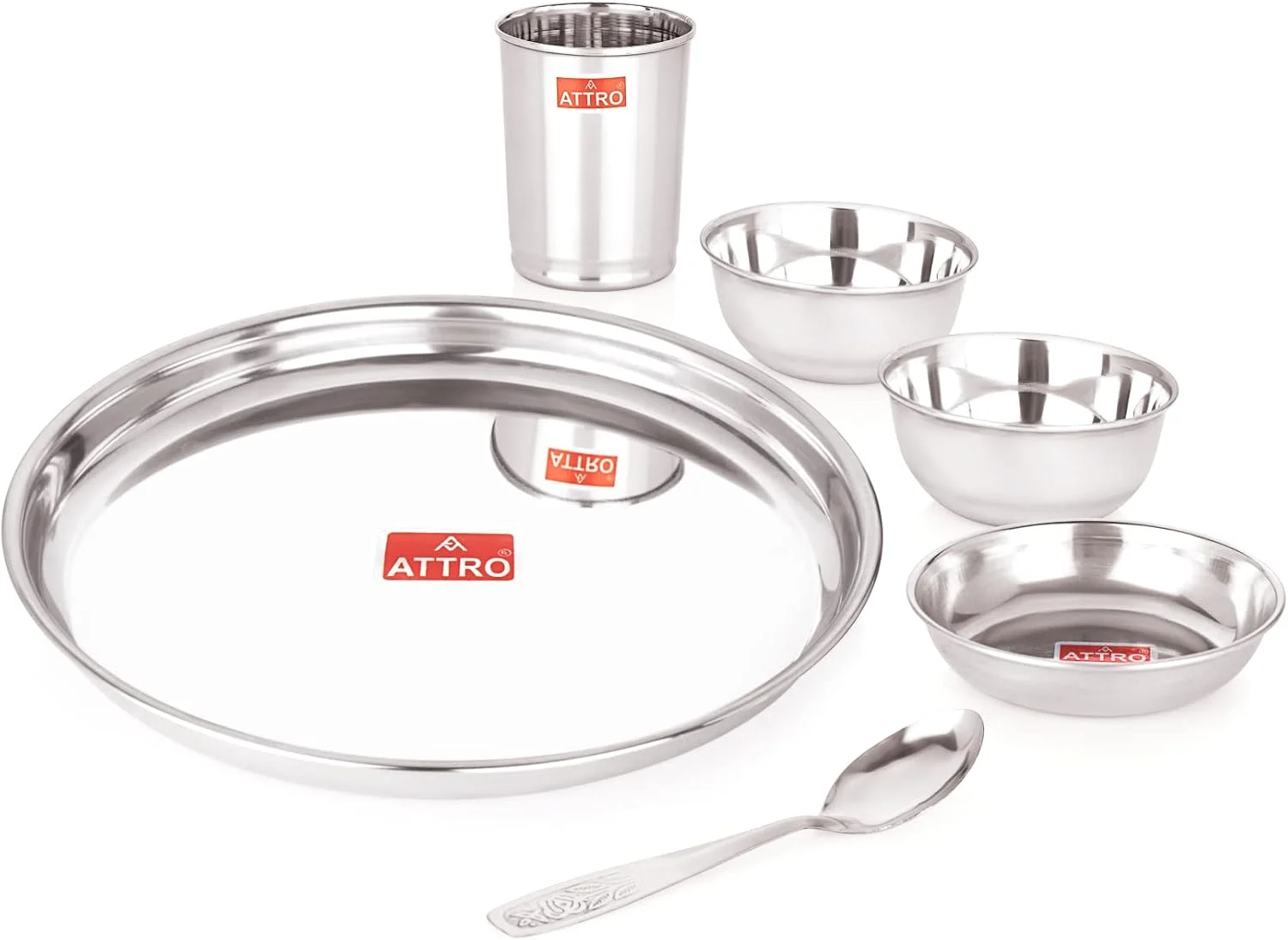 Attro 6 Pieces Smart Stainless Steel Dinnerware/Dinner Set - 1 Thali, 1 D.Plate, 2 Bowl, 1 Glass, 1 Spoon, Kitchen Set for Home, Restaurants, Family - Silver,Solid