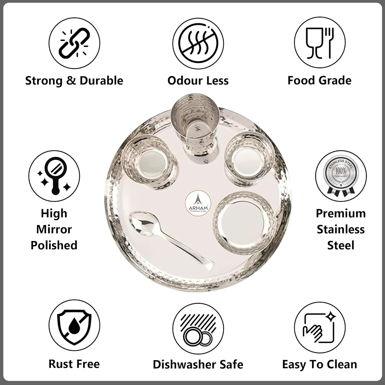 ست غذاخوری استیل آرهام | 6 پارچه (1 ست) | ست غذاخوری ممتاز برای هدیه | ظروف غذاخوری چکش کاری شده | بادوام و سنگین وزن | درجه مواد غذایی، ضد زنگ، قابل شستشو در ماشین ظرفشویی، قوی و ماندگار