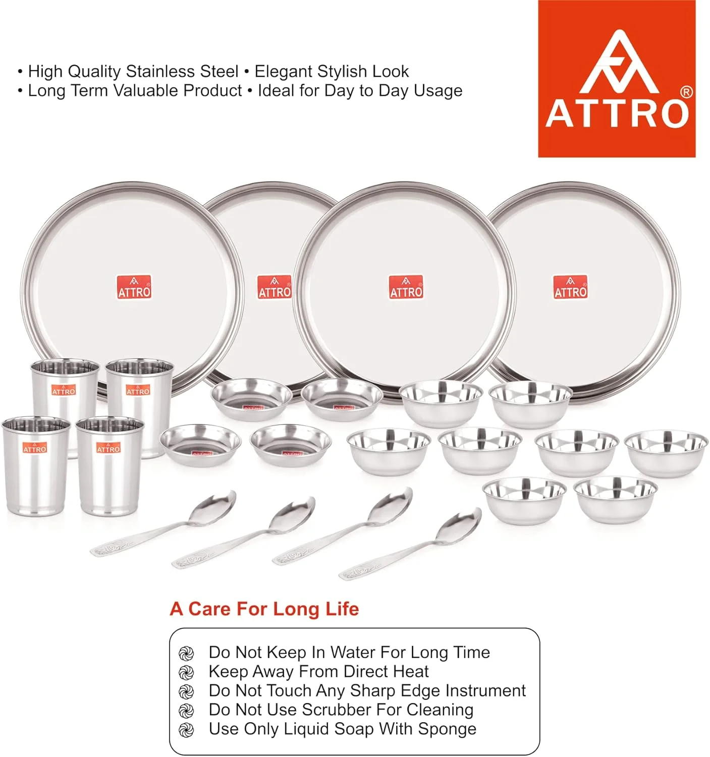 Attro 24 Pieces Smart Stainless Steel Dinnerware/Dinner Set - 4 Thali, 4 D.Plate, 8 Bowl, 4 Glass, 4 Spoon, Kitchen Set for Home & Restaurants, Family - Silver,Floral Attro 24 Pieces Smart Stainless Steel Dinnerware/Dinner Set - 4 Thali, 4 D.Plate, 8 Bowl, 4 Glass, 4 Spoon, Kitchen Set for Home & Restaurants, Family - Silver,Floral