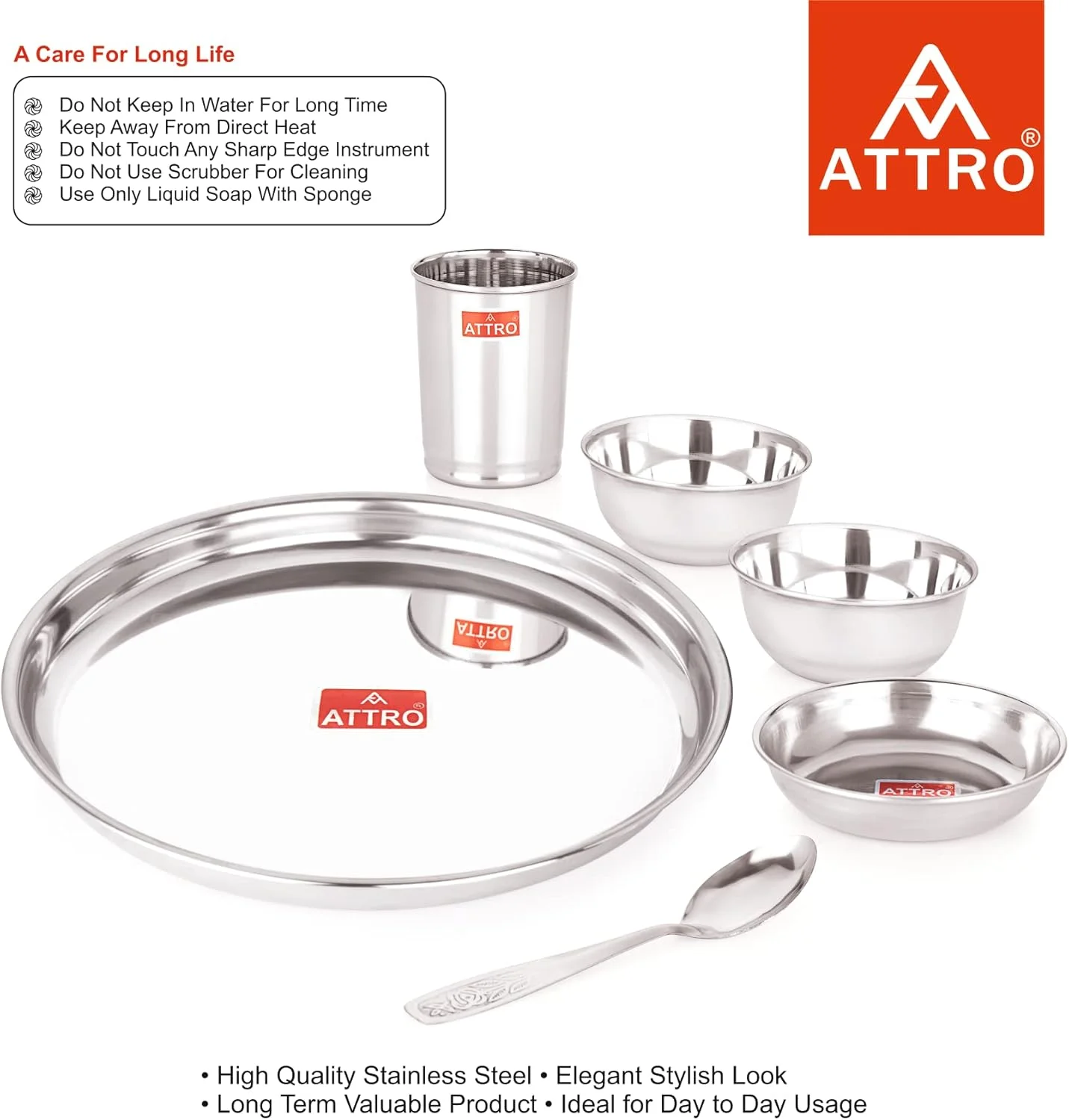 Attro 6 Pieces Smart Stainless Steel Dinnerware/Dinner Set - 1 Thali, 1 D.Plate, 2 Bowl, 1 Glass, 1 Spoon, Kitchen Set for Home, Restaurants, Family - Silver,Solid Attro 6 Pieces Smart Stainless Steel Dinnerware/Dinner Set - 1 Thali, 1 D.Plate, 2 Bowl, 1 Glass, 1 Spoon, Kitchen Set for Home, Restaurants, Family - Silver,Solid